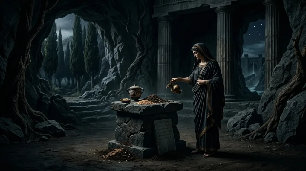 A Greek worshipper makes an offering at a subterranean sanctuary