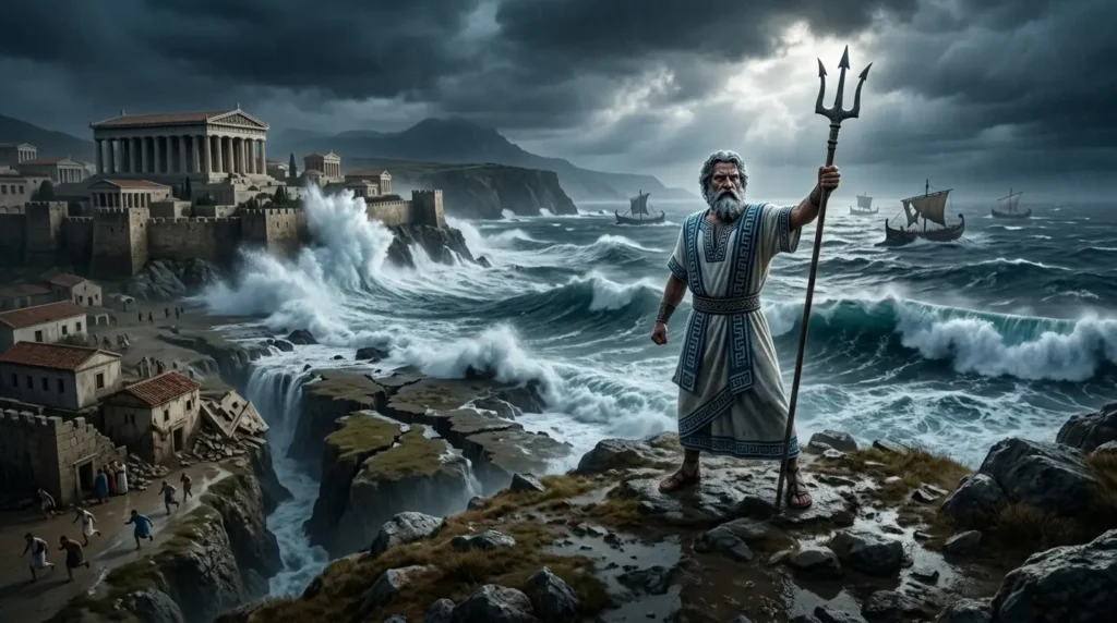 Poseidon unleashes a storm as waves batter an ancient Greek city