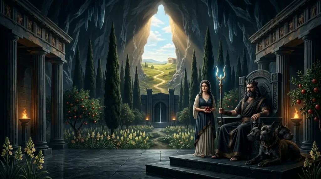 Persephone holds pomegranate seeds beside Hades in the underworld