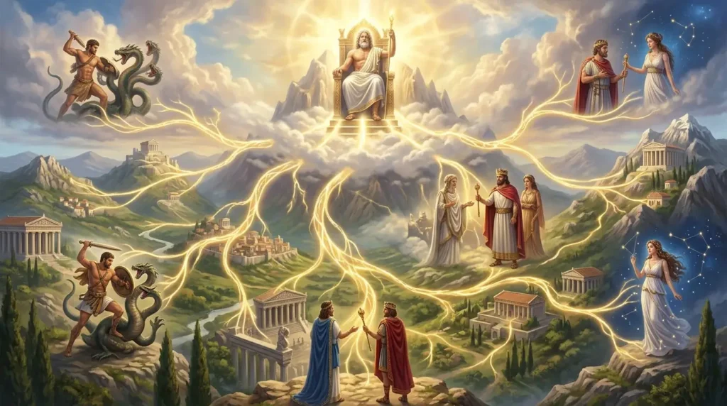 Zeus stands at the center of an interconnected divine and heroic lineage