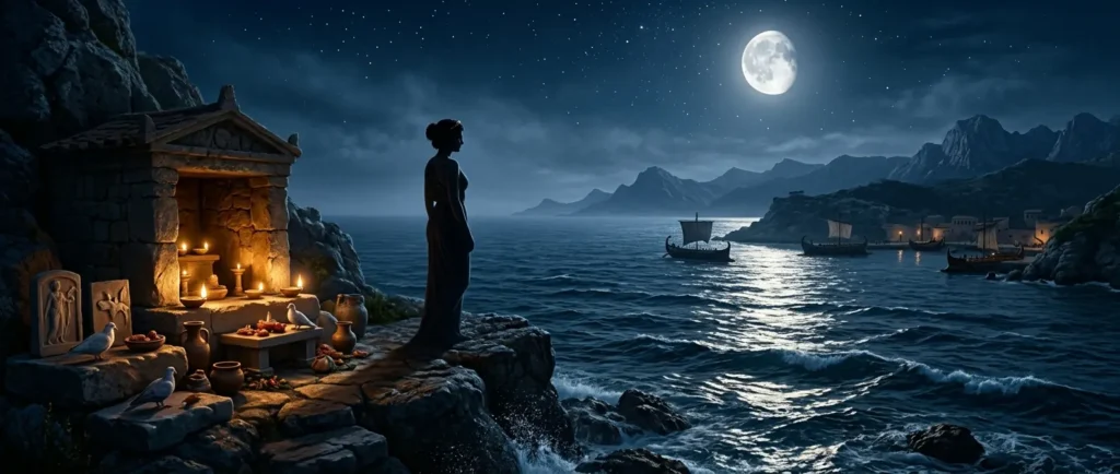 Aphrodite watches over a moonlit sea beside an ancient coastal shrine
