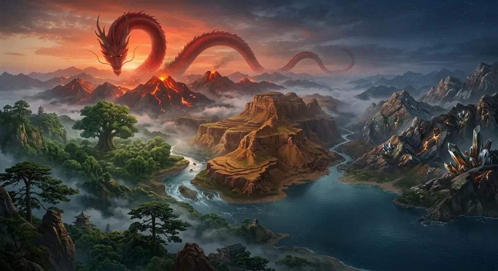 Zhulong surrounded by natural imagery representing the five phases of Wu Xing