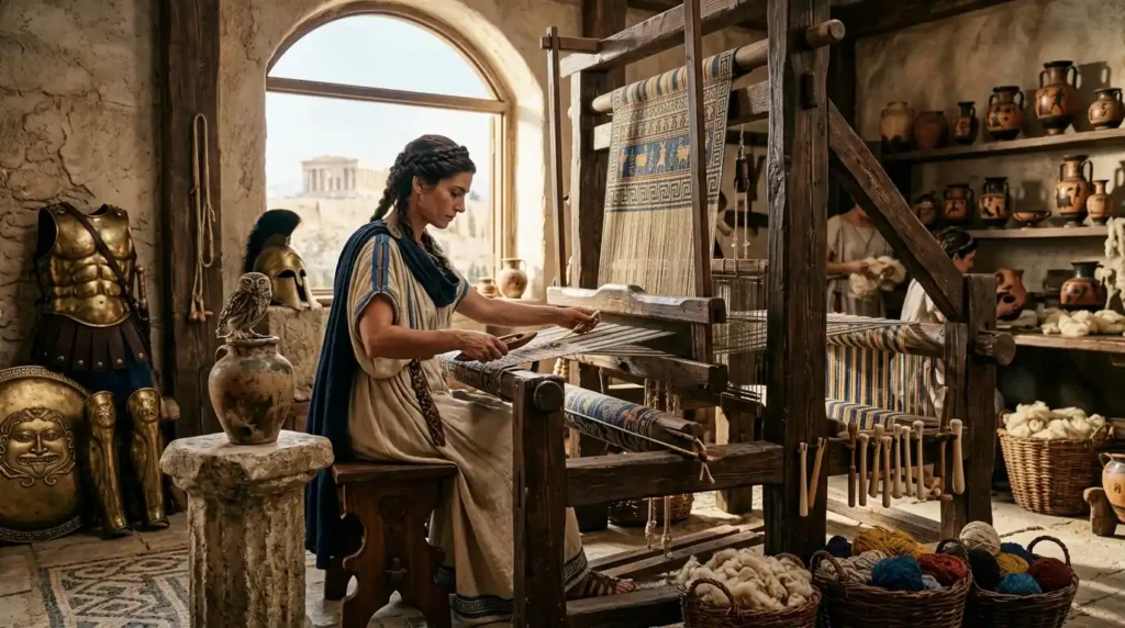 Athena works at a loom surrounded by tools and crafted objects