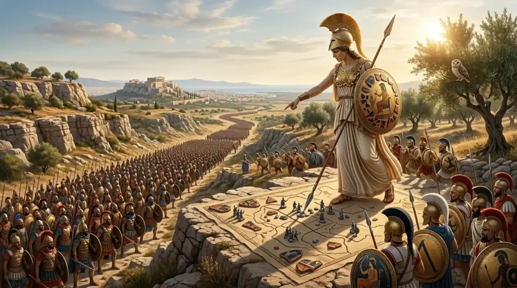 Athena plans a tactical maneuver against a larger enemy army