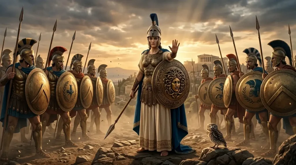 Athena raises her hand to stop a battle from escalating