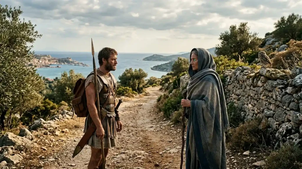 Athena disguises herself as a traveler while advising a Greek hero