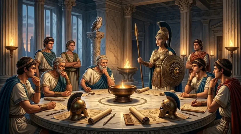 Athena persuades Greek leaders during a council meeting
