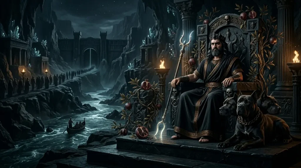 Hades appears as a stern Greek god beside his three-headed guardian