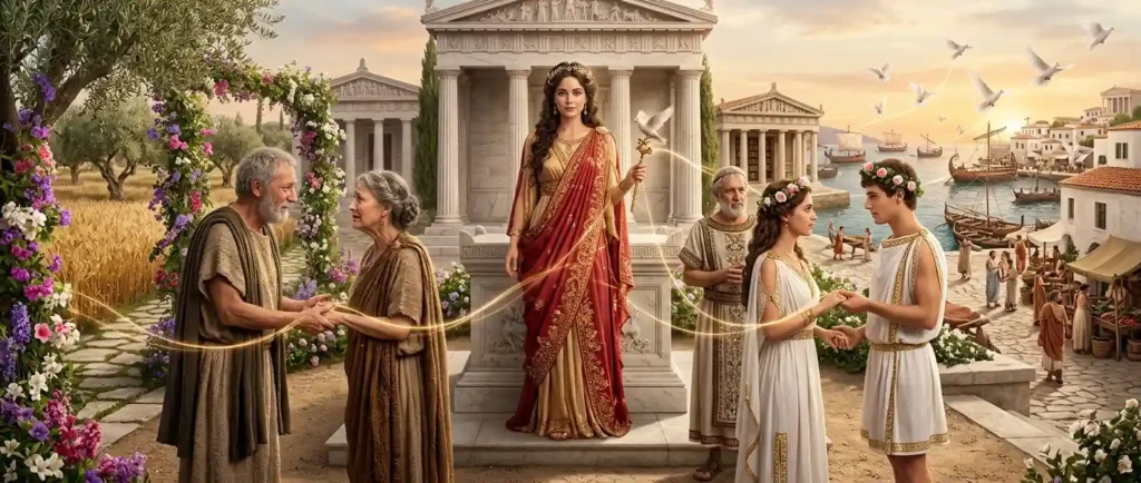 Golden threads connect lovers, a wedding, fertile fields, and a harbor around Aphrodite