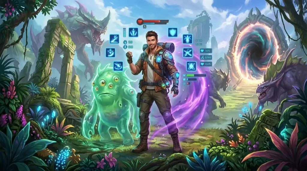 Adventurer surrounded by magical abilities in a dangerous fantasy world