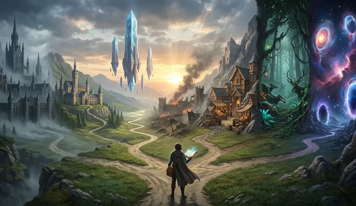Cradle Book reader standing before seven paths leading into different progression worlds