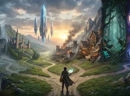 Cradle Book reader standing before seven paths leading into different progression worlds