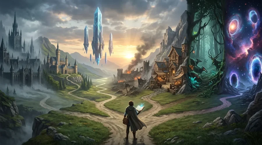 Cradle Book reader standing before seven paths leading into different progression worlds