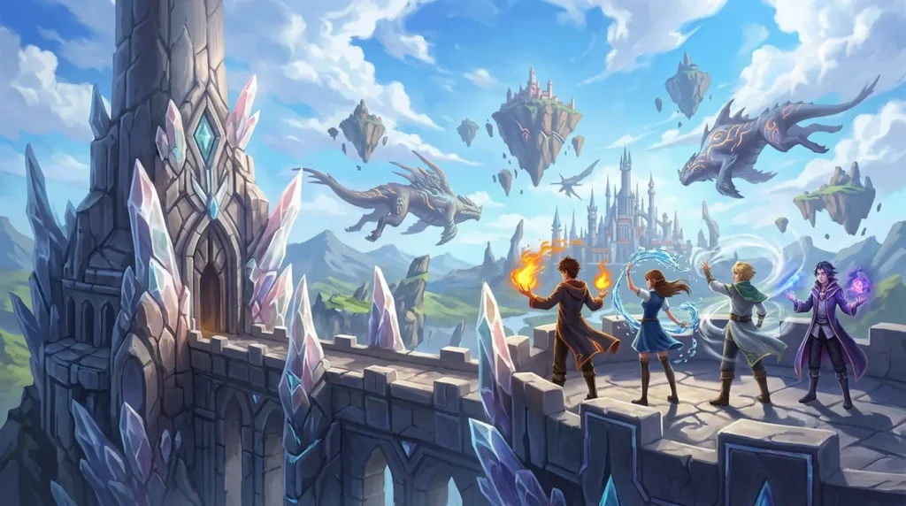 Young mages practice different abilities above a vast fantasy landscape