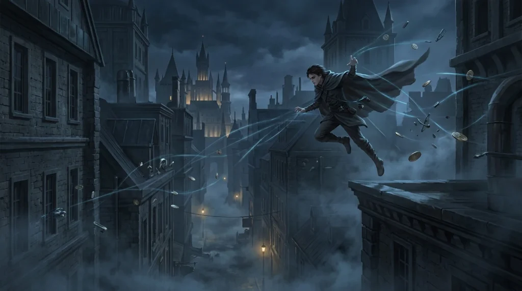 Mistborn character leaping through a mist-covered city using metal-based magic