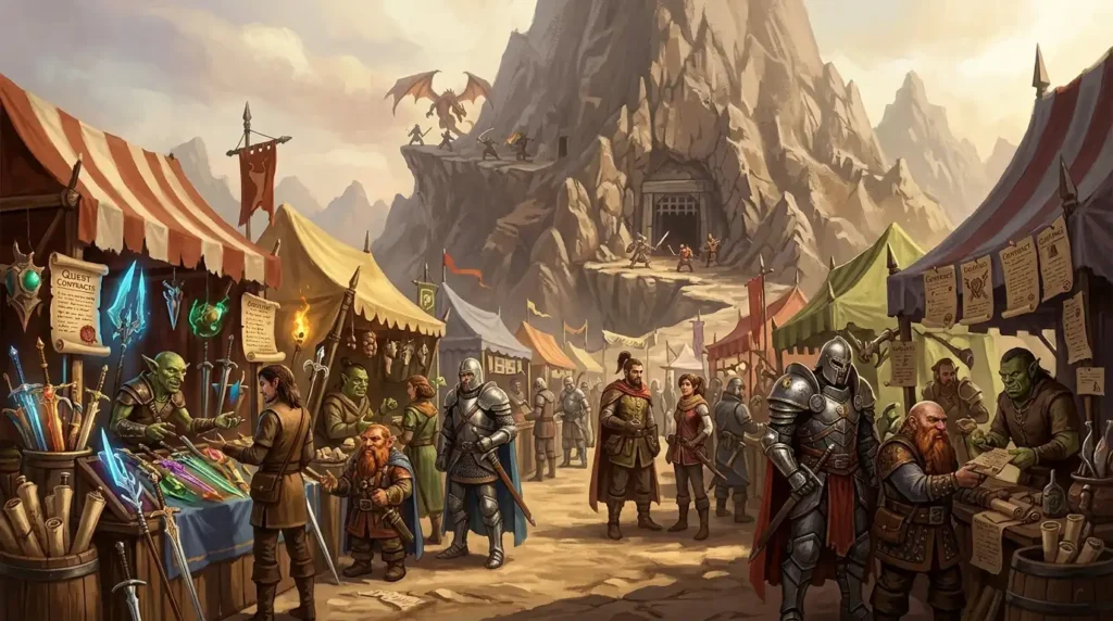 Fantasy adventurers conduct business beside a dangerous dungeon