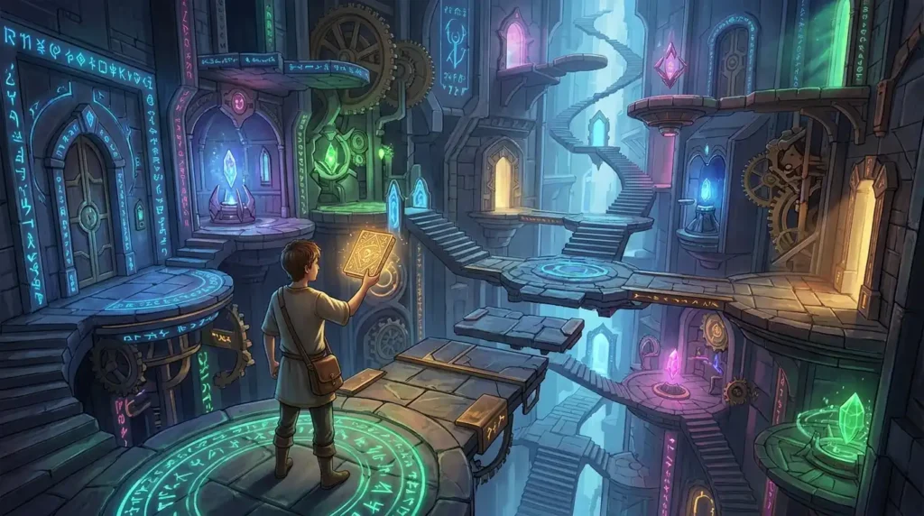 Mage explores a magical tower filled with complex arcane mechanisms