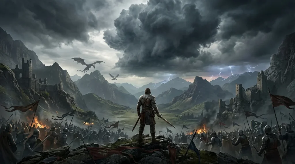 Warrior faces armies and dragons in an epic fantasy landscape