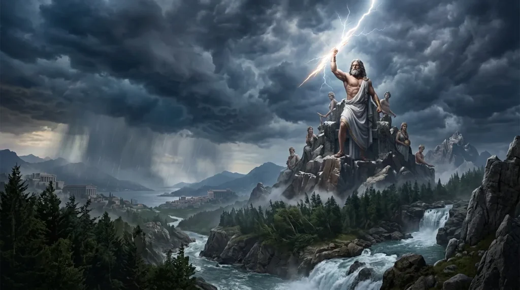 Zeus commands the stormy heavens from Mount Olympus