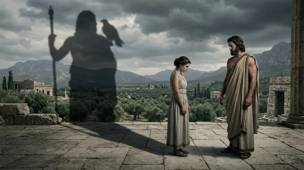 Mortal woman faces an imposing disguised Greek deity