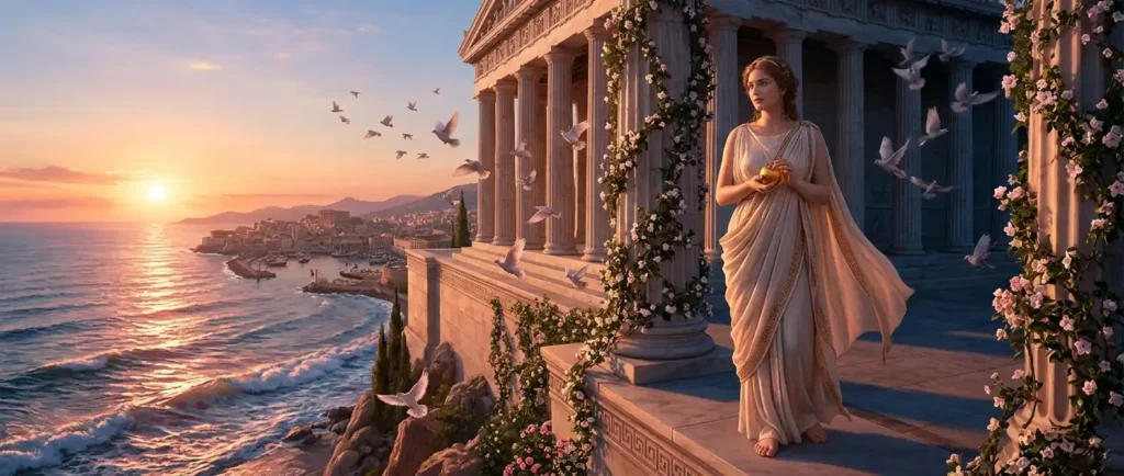 Aphrodite overlooks an ancient city, its harbor, and the surrounding sea