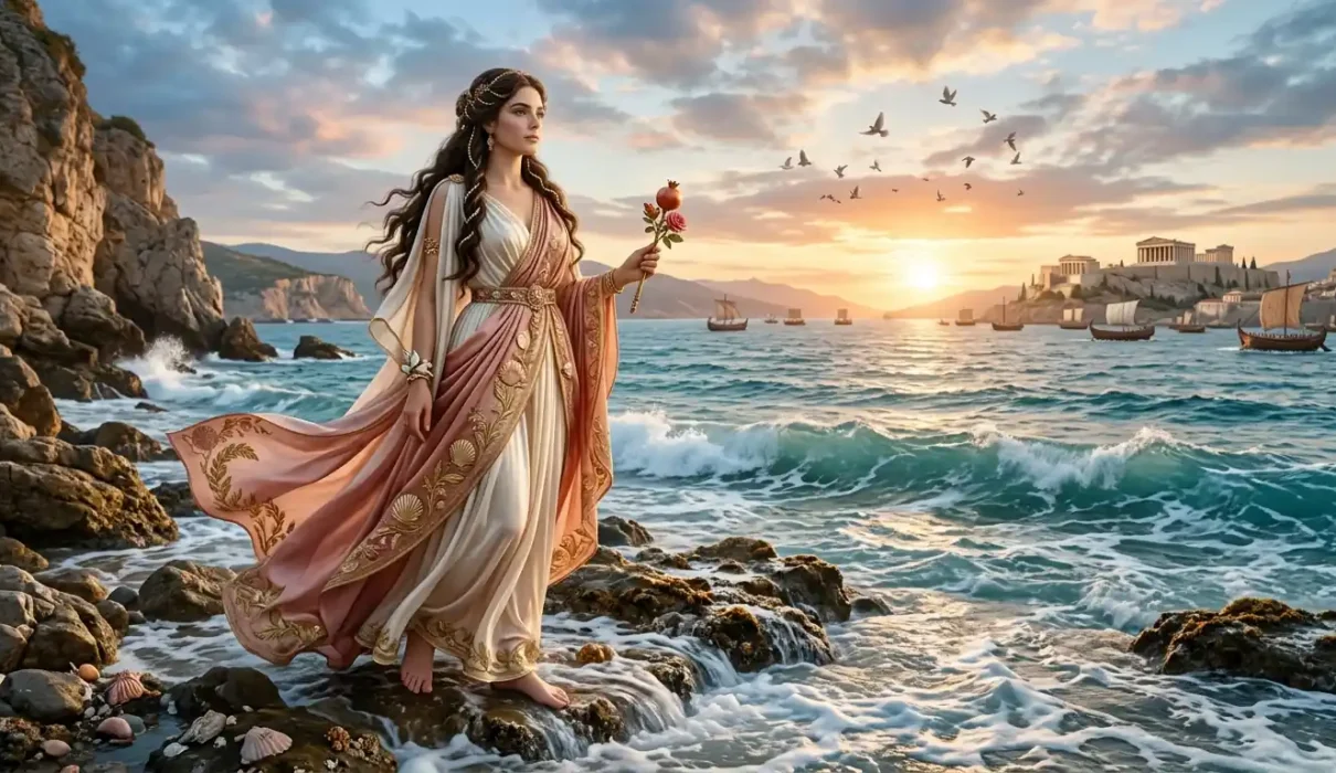Aphrodite stands beside the Mediterranean Sea as doves circle overhead