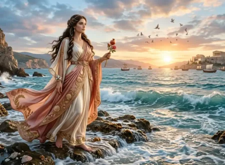 Aphrodite stands beside the Mediterranean Sea as doves circle overhead
