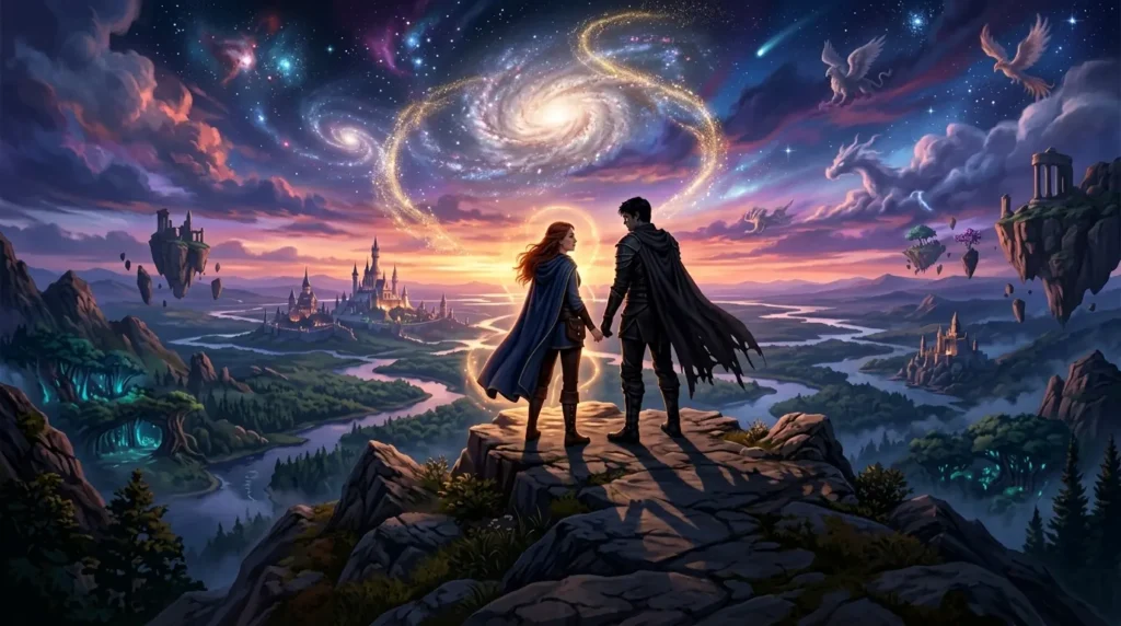 Heroine and morally complex hero overlook an enchanted kingdom together