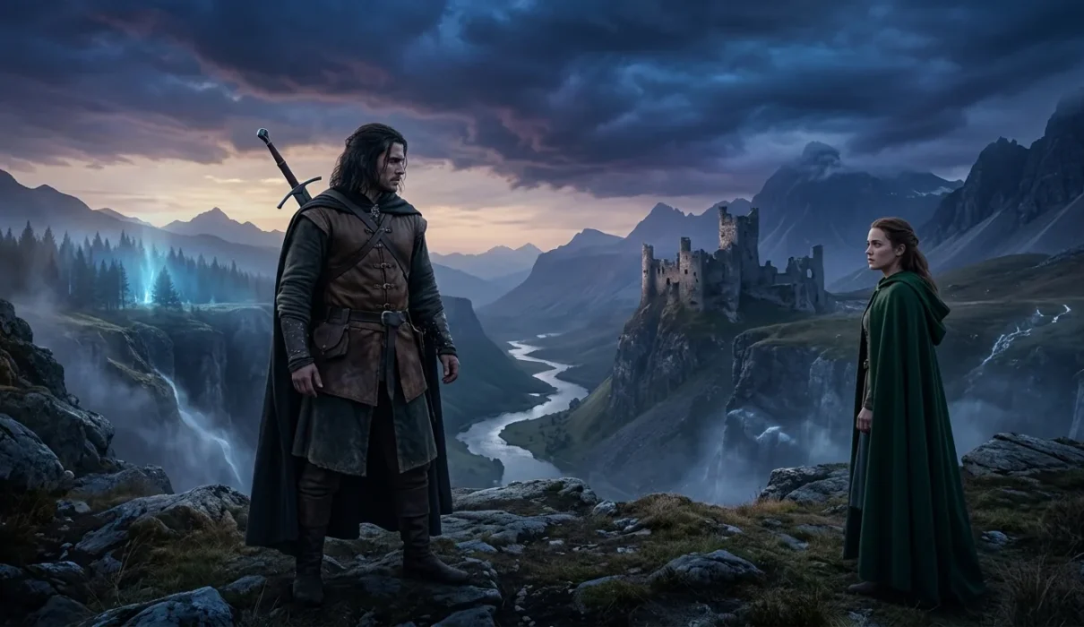 Morally grey fantasy hero stands beside a heroine in an enchanted landscape