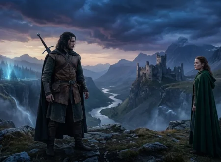 Morally grey fantasy hero stands beside a heroine in an enchanted landscape
