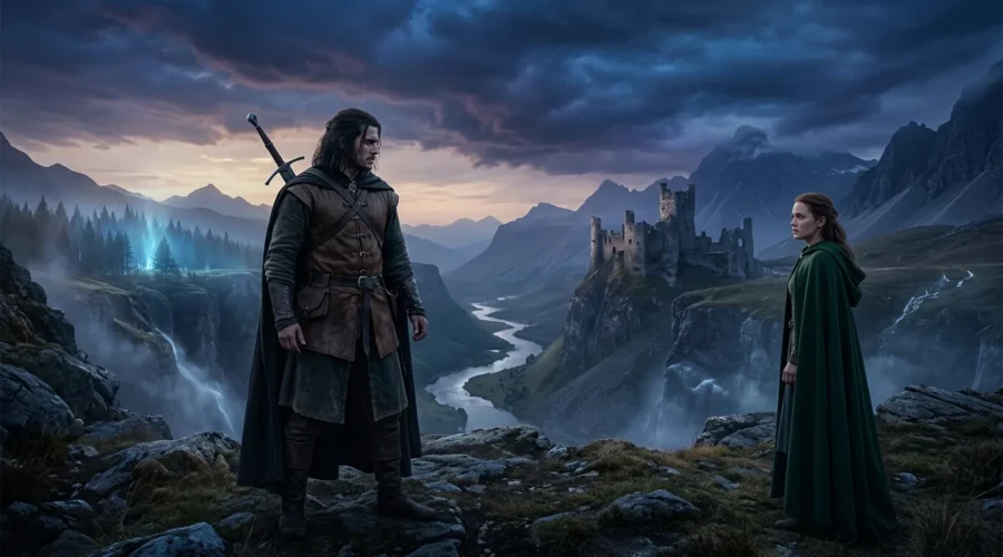 Morally grey fantasy hero stands beside a heroine in an enchanted landscape