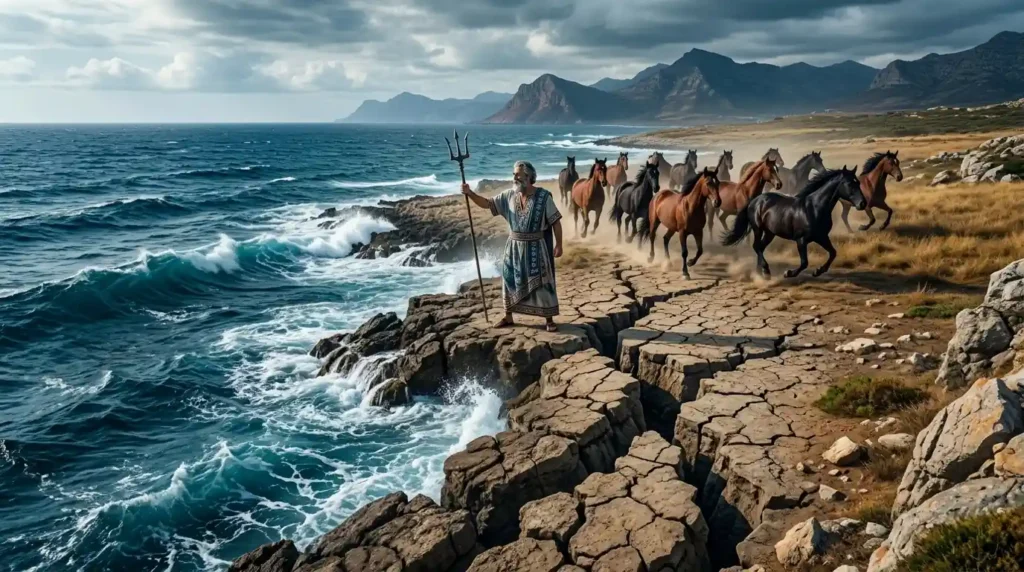 The sea, trembling earth, and wild horses surround Poseidon