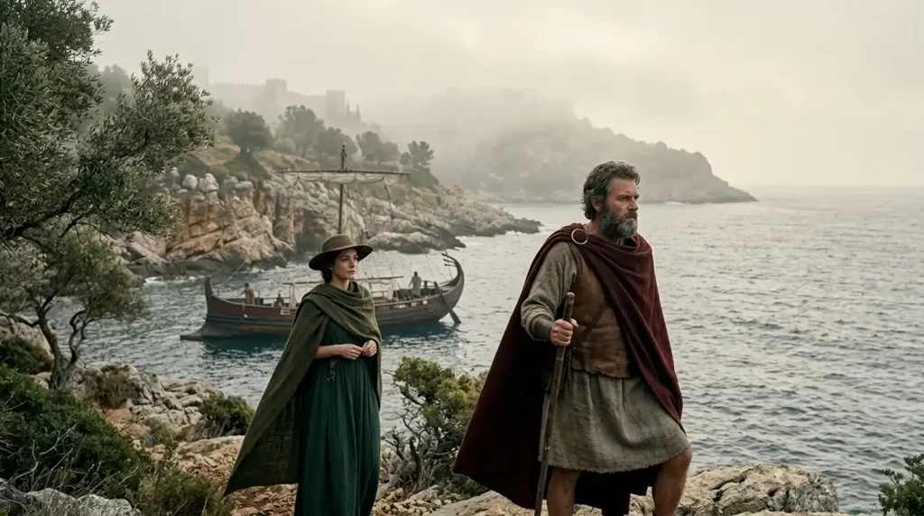 Athena and Odysseus discuss their next move on Ithaca's shore