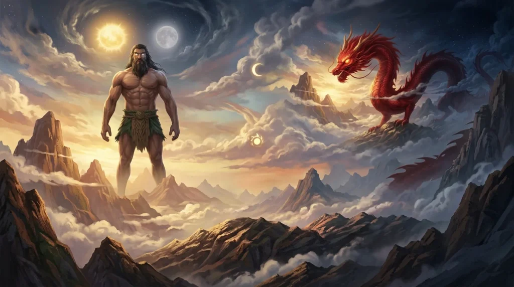 Pangu and Zhulong appear together within a layered Chinese mythological cosmos