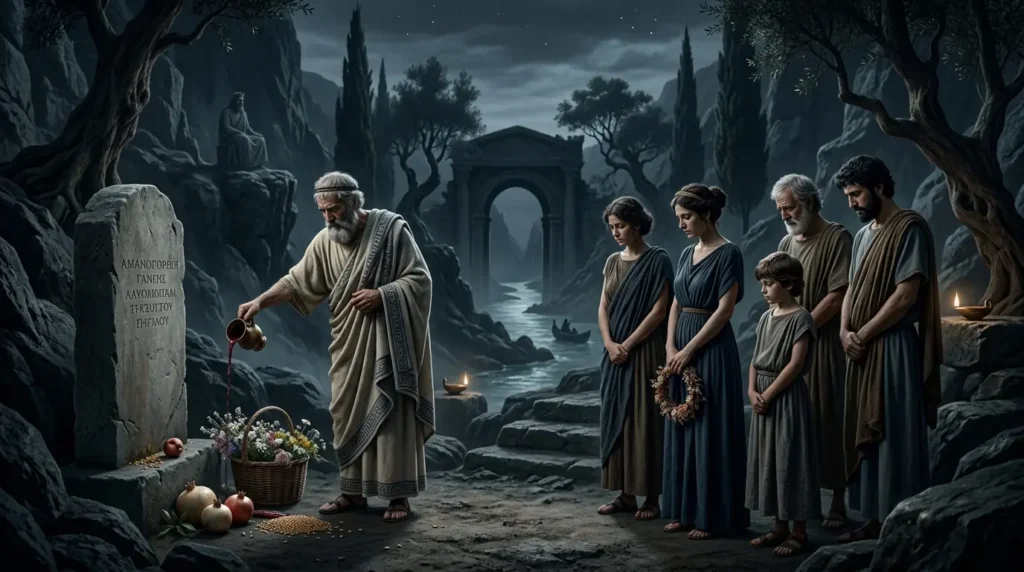 A Greek family honors the dead with offerings at a grave