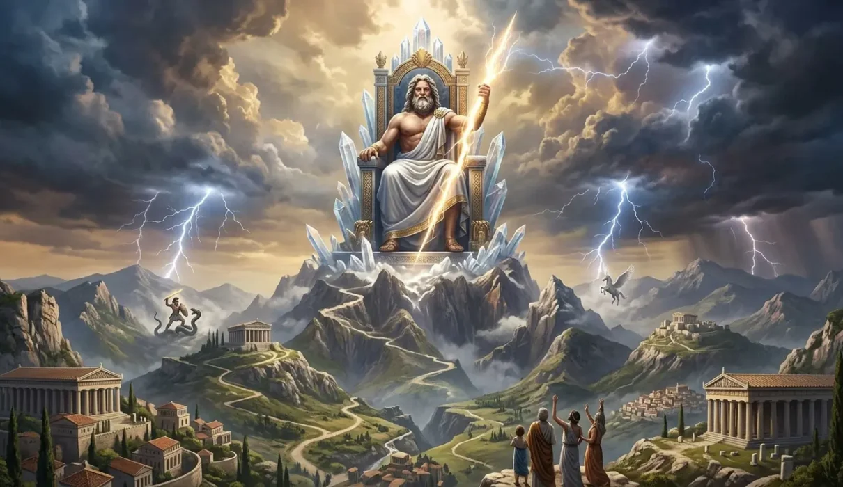 Zeus rules from Olympus while scenes from his famous myths unfold below