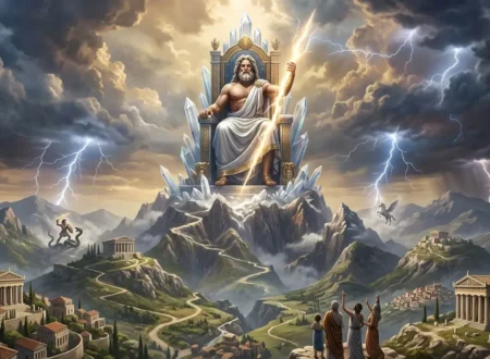 Zeus rules from Olympus while scenes from his famous myths unfold below