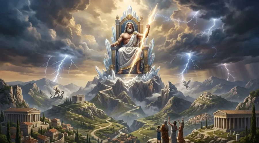 Zeus rules from Olympus while scenes from his famous myths unfold below