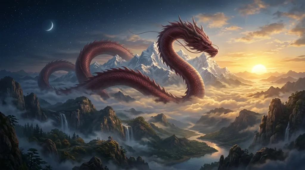 Zhulong watches over a Chinese mythological landscape at dawn