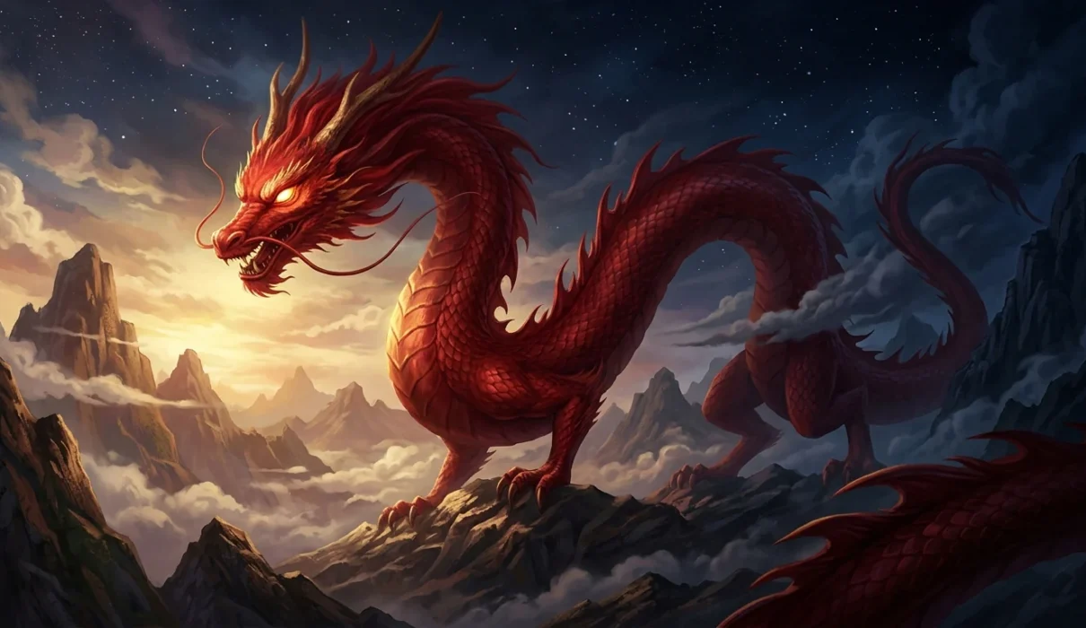 Zhulong illuminates one side of a primordial Chinese landscape while darkness covers the other