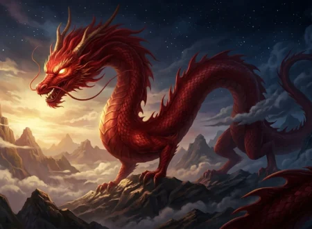 Zhulong illuminates one side of a primordial Chinese landscape while darkness covers the other