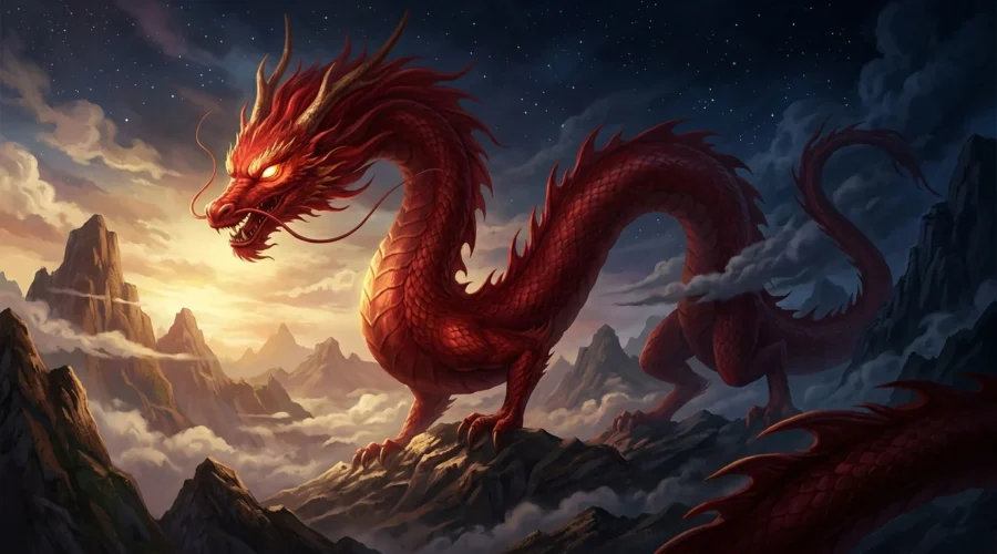 Zhulong illuminates one side of a primordial Chinese landscape while darkness covers the other